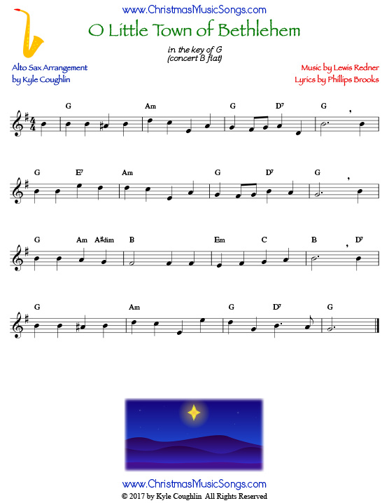 O Little Town of Bethlehem alto saxophone sheet music, arranged to play along with other wind, brass, and string instruments.