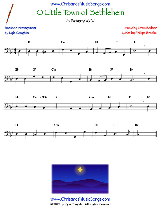 O Little Town of Bethlehem bassoon sheet music, arranged to play along with other wind and brass instruments.