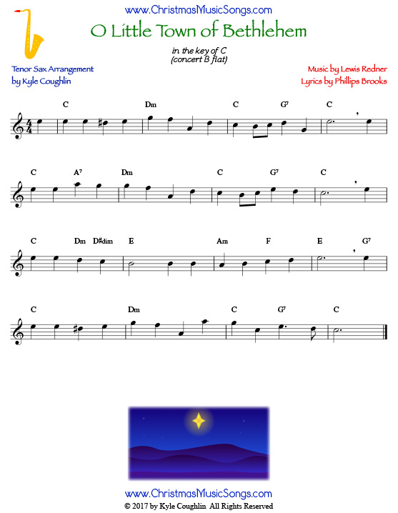 O Little Town of Bethlehem tenor saxophone sheet music, arranged to play along with other wind and brass instruments.