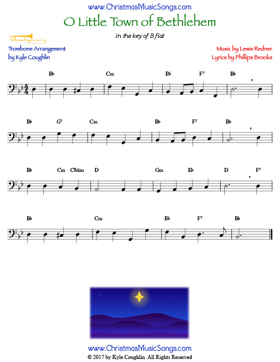 O Little Town of Bethlehem trombone sheet music, arranged to play along with other wind and brass instruments.