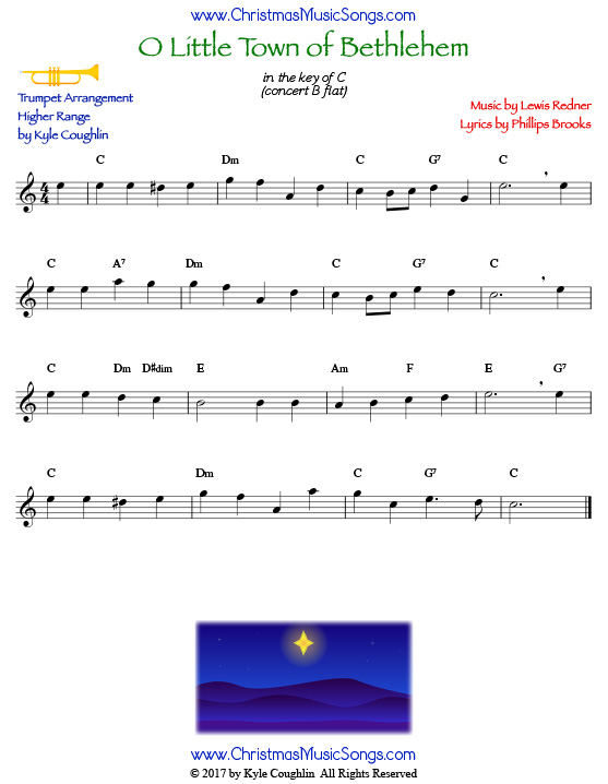 O Little Town of Bethlehem trumpet sheet music in a higher range, arranged to play along with other wind and brass instruments.