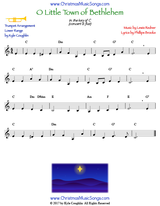 O Little Town of Bethlehem trumpet sheet music in a lower range, arranged to play along with other wind and brass instruments.