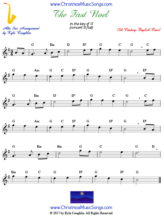 The First Noel alto saxophone sheet music, arranged to play along with other wind, brass, and string instruments.