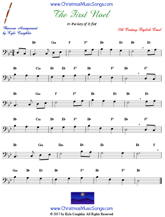 The First Noel bassoon sheet music, arranged to play along with other wind, brass, and string instruments.