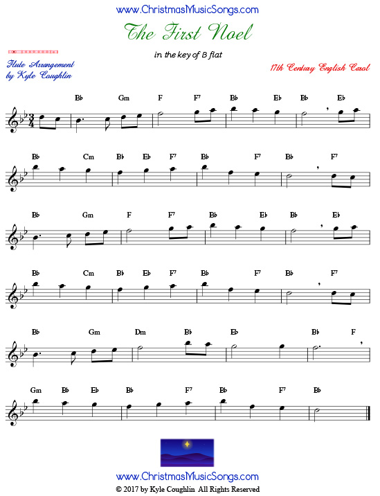 The First Noel flute sheet music, arranged to play along with other wind, brass, and string instruments.