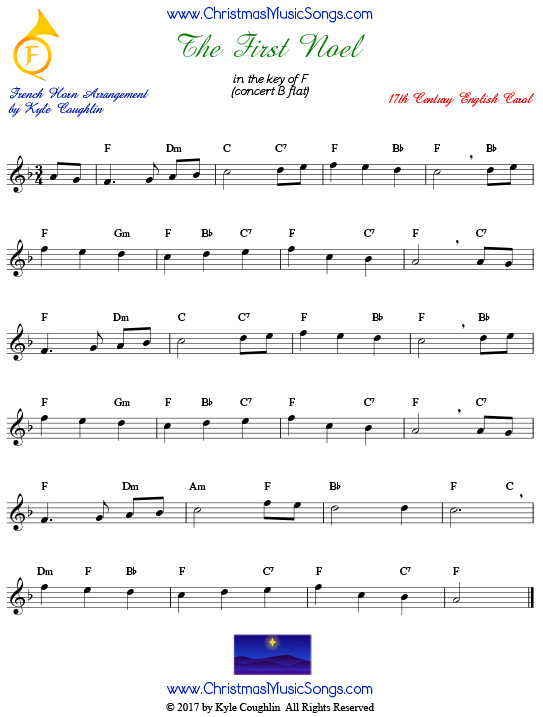 The First Noel French horn sheet music, arranged to play along with other wind, brass, and string instruments.
