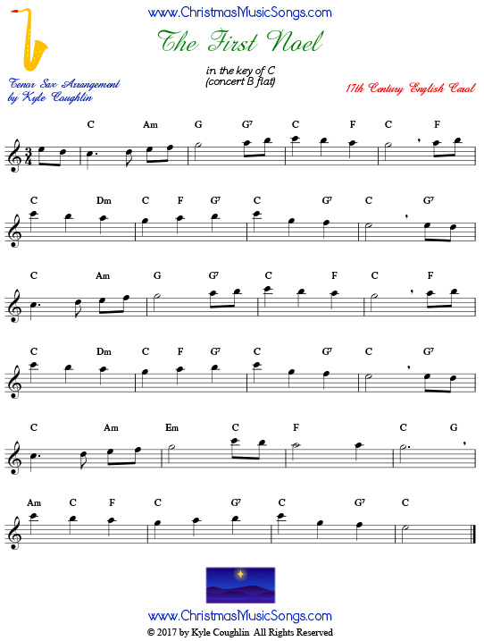 The First Noel tenor saxophone sheet music, arranged to play along with other wind, brass, and string instruments.