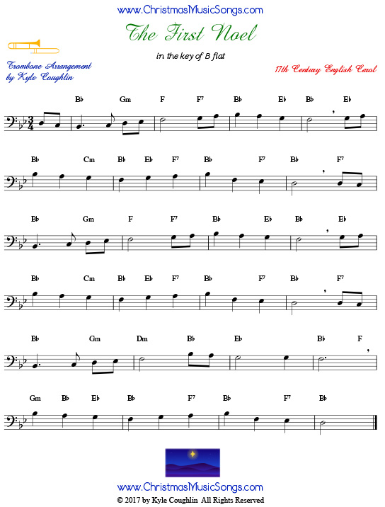 The First Noel trombone sheet music, arranged to play along with other wind, brass, and string instruments.