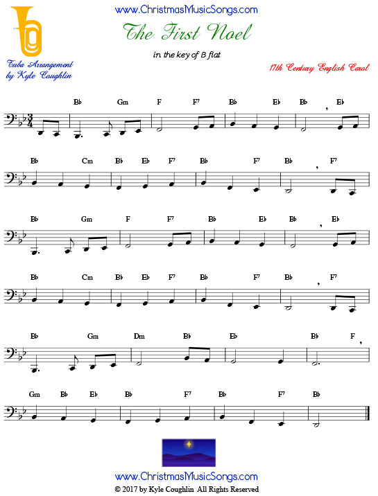The First Noel tuba sheet music, arranged to play along with other wind, brass, and string instruments.