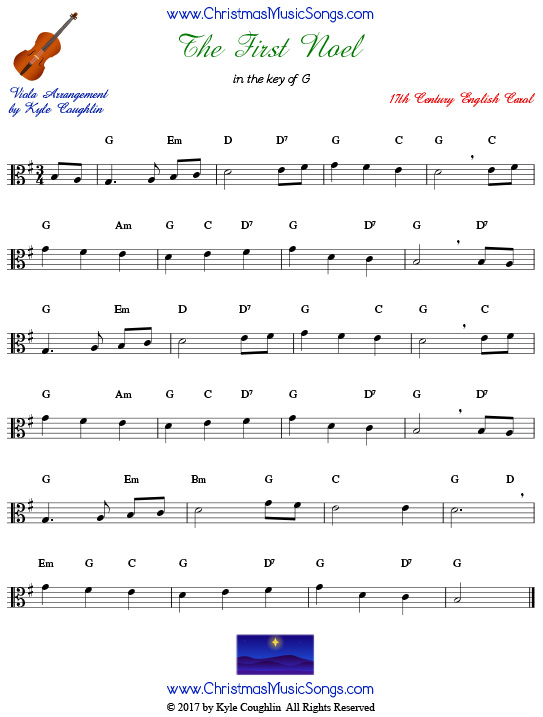 The First Noel for viola, arranged to play along with strings, woodwinds, and brass.