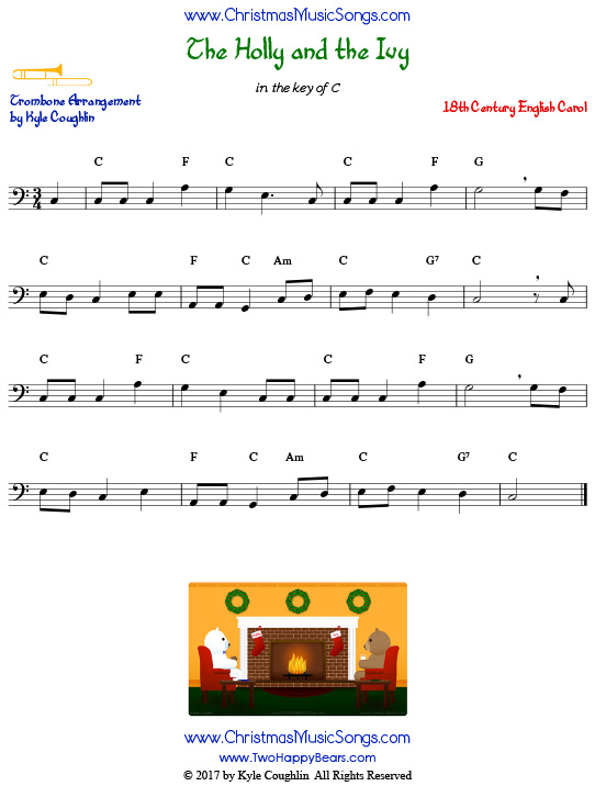 The Holly and the Ivy trombone sheet music, arranged to play along with other wind, brass, and string instruments.
