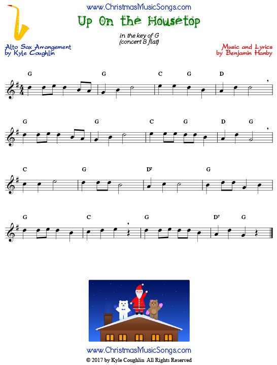 Up On the Housetop alto saxophone sheet music, arranged to play along with other wind and brass instruments.