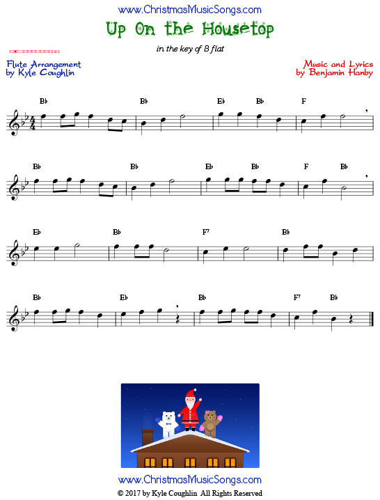 Up On the Housetop flute sheet music, arranged to play along with other wind and brass instruments.
