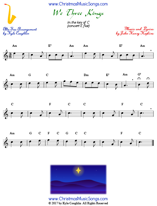 We Three Kings alto saxophone sheet music, arranged to play along with other wind and brass instruments.

