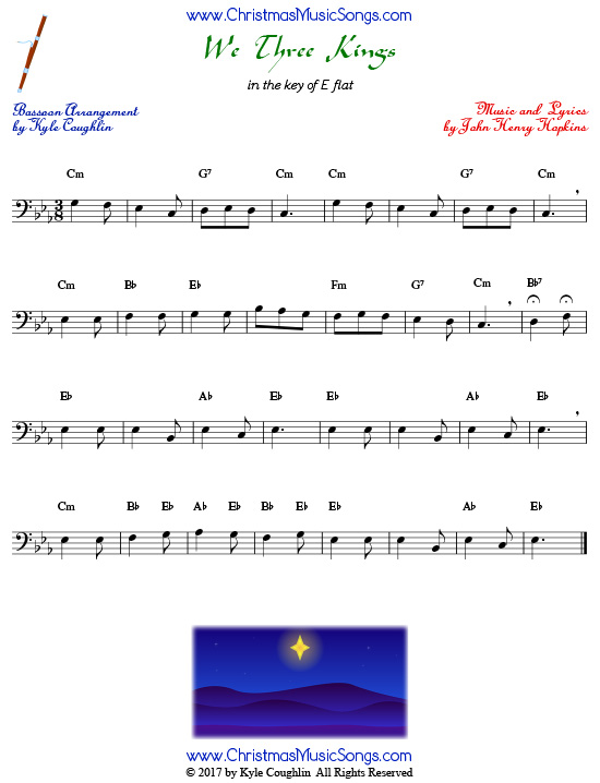 We Three Kings bassoon sheet music, arranged to play along with other wind and brass instruments.

