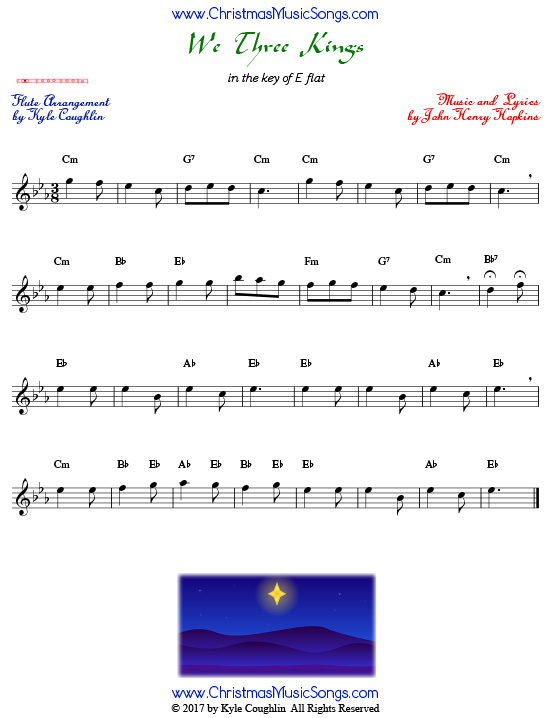 We Three Kings flute sheet music, arranged to play along with other wind and brass instruments.