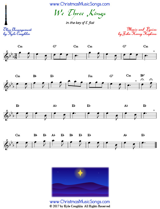 We Three Kings oboe sheet music, arranged to play along with other wind and brass instruments.
