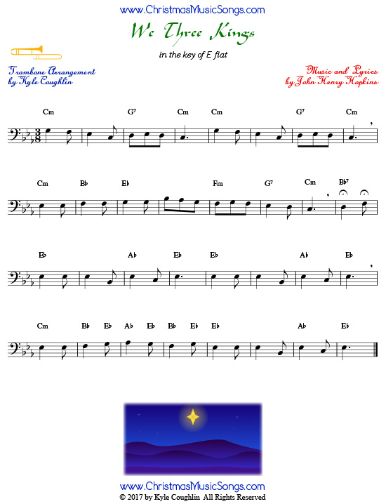 We Three Kings trombone sheet music, arranged to play along with other wind and brass instruments.
