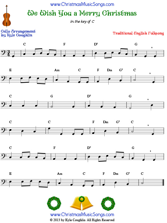 The Christmas carol We Wish You a Merry Christmas, arranged for cello to play along with strings, woodwinds, and brass.