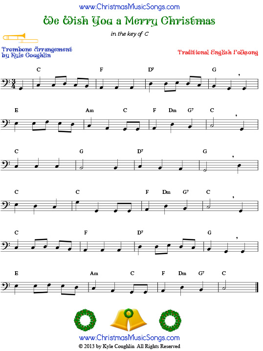 The Christmas carol We Wish You a Merry Christmas, arranged for trombone to play along with other wind, brass, and string instruments.