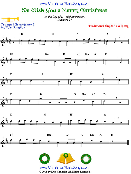 The Christmas carol We Wish You a Merry Christmas, higher version arranged for trumpet.