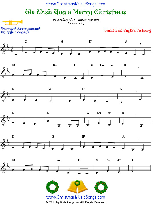 The Christmas carol We Wish You a Merry Christmas, arranged for trumpet to play along with other wind, brass, and string instruments.