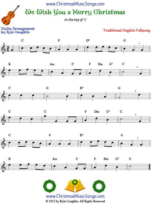 The Christmas carol We Wish You a Merry Christmas, arranged for violin to play along with other string and band instruments.
