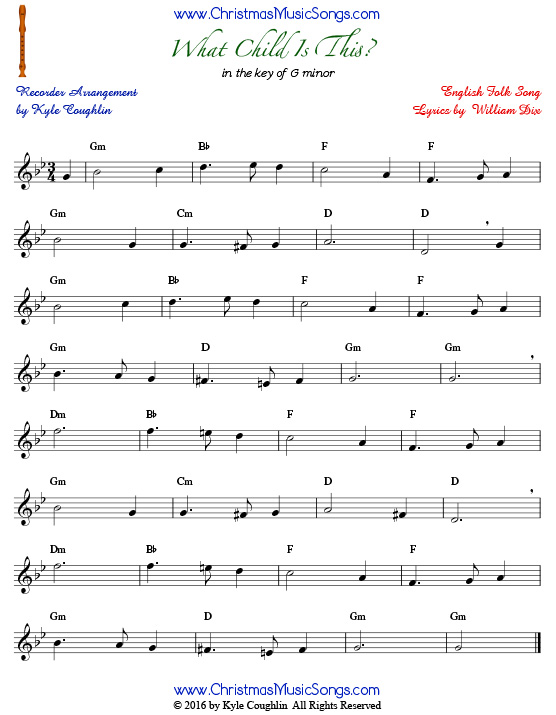 The Christmas carol What Child Is This? for recorder in the key of G minor.