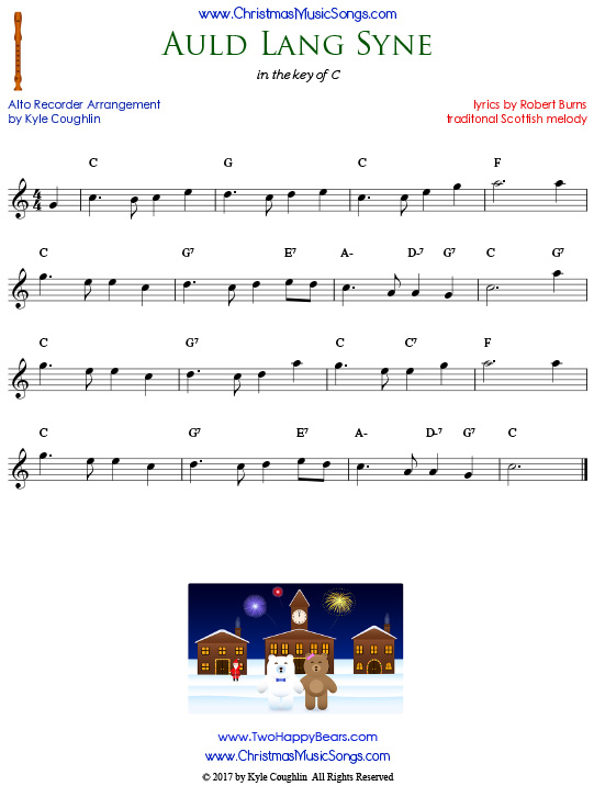 Auld Lang Syne, arranged for alto recorder in the key of C.