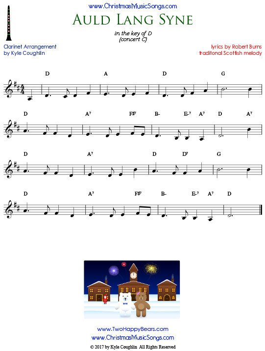 Auld Lang Syne clarinet sheet music, arranged to play along with other wind and brass instruments.
