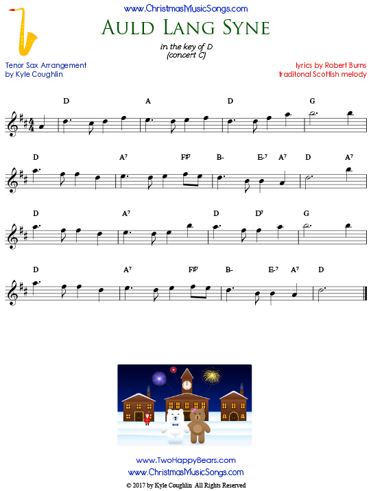 Auld Lang Syne tenor saxophone sheet music, arranged to play along with other wind and brass instruments.