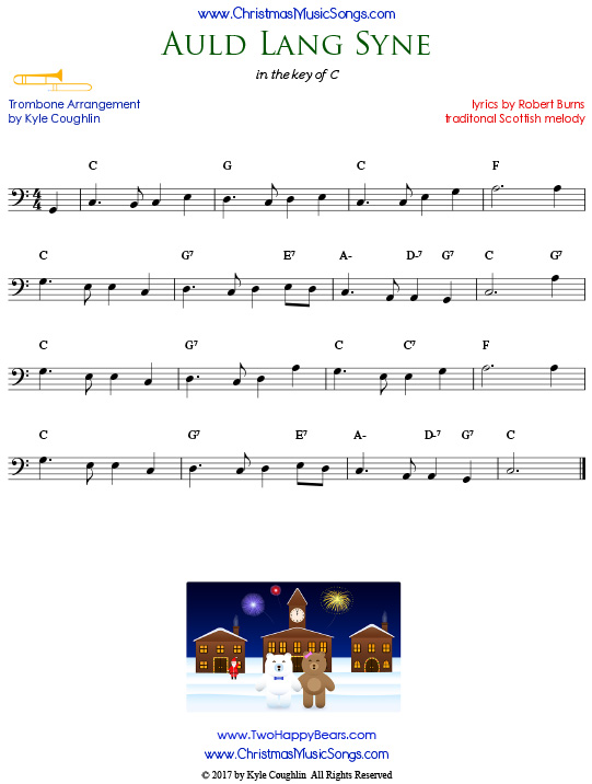 Auld Lang Syne trombone sheet music, arranged to play along with other wind, brass, and string instruments.