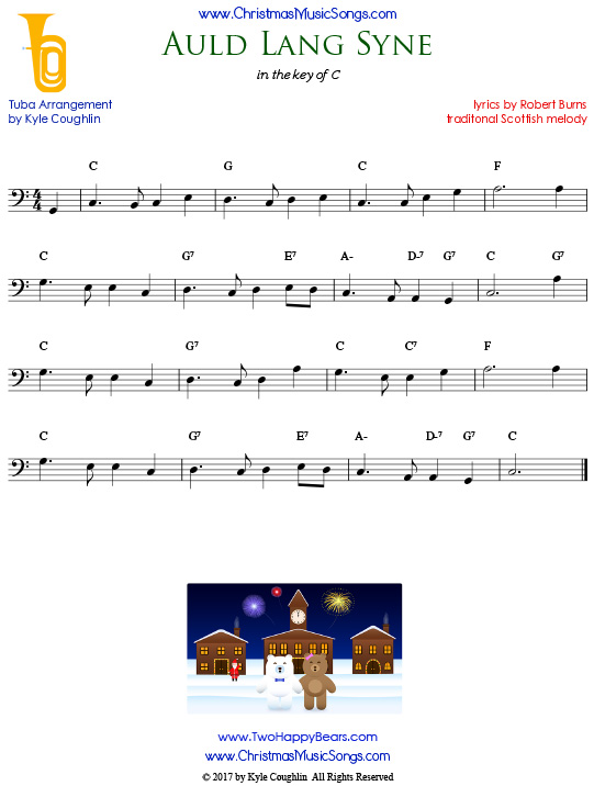Auld Lang Syne tuba sheet music, arranged to play along with other wind, brass, and string instruments.