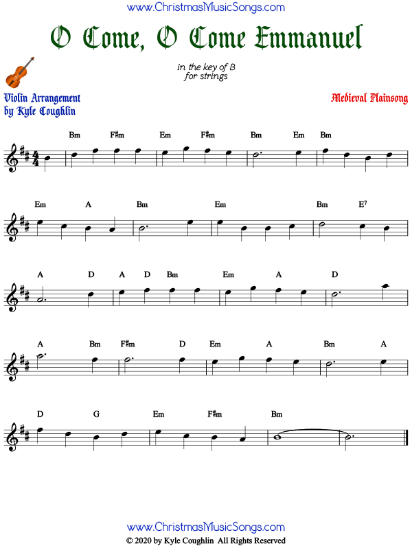 O Come, O Come Emmanuel violin sheet music, arranged to play along with other string instruments.