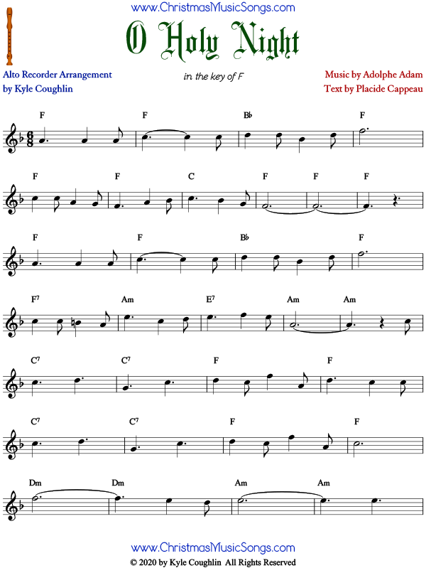 O Holy Night sheet music for alto recorder.