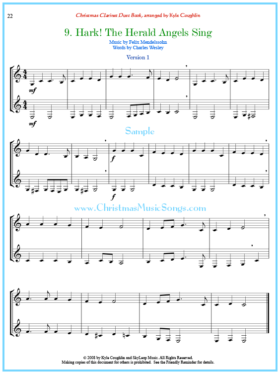 Hark! the Herald Angels Sing clarinet duet sheet music.