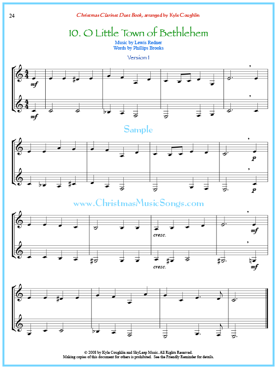 O Little Town of Bethlehem clarinet duet sheet music.