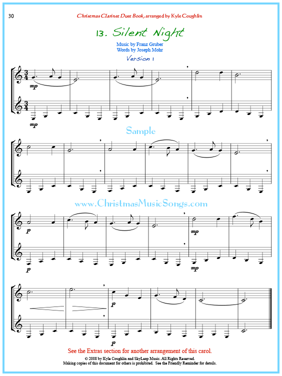 Silent Night clarinet duet sheet music.