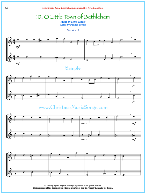 O Little Town of Bethlehem flute duet sheet music.