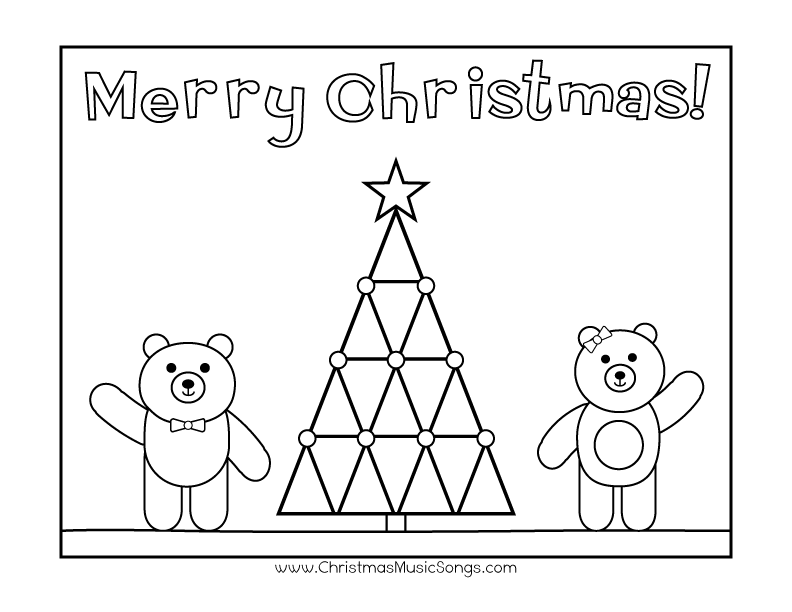 Christmas coloring page of a Christmas tree with ornaments, and the Two Happy Bears, to color for each day of Advent.