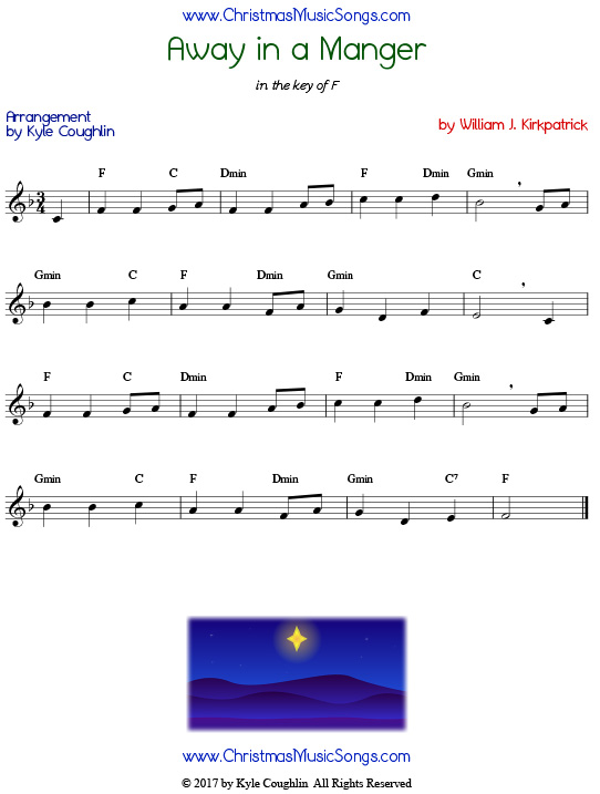 Free printable PDF sheet music of Away in a Manger by William Kirkpatrick.