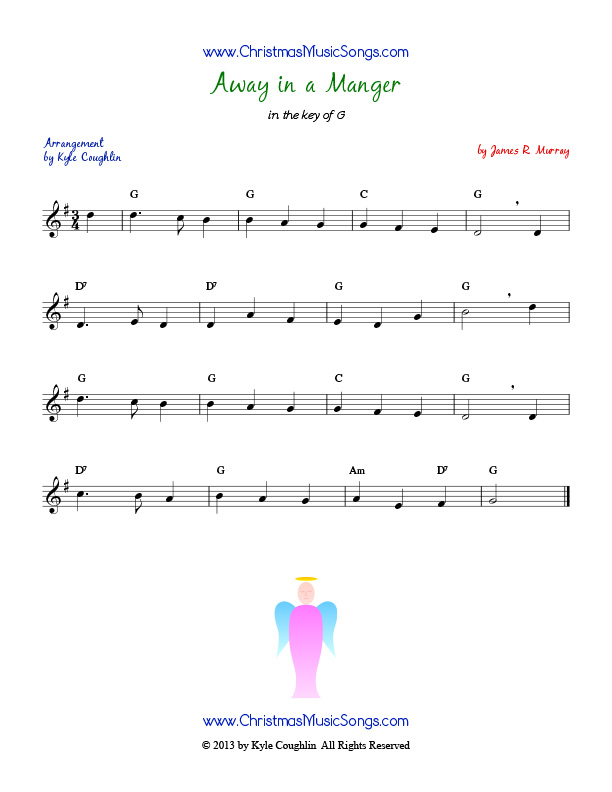 Free printable PDF sheet music of Away in a Manger by James R. Murray.