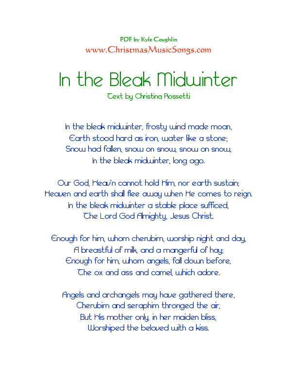 Printable PDF of In the Bleak Midwinter lyrics