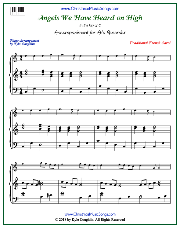 Angels We Have Heard on High piano accompaniment to play along with the alto recorder arrangement on www.ChristmasMusicSongs.com. Free printable PDF.