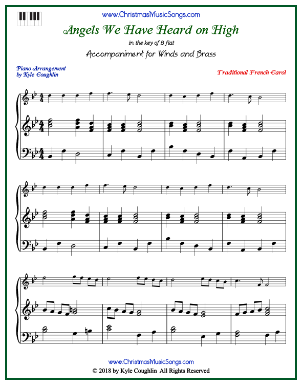 Angels We Have Heard on High piano accompaniment to play along with all wind and brass arrangements on www.ChristmasMusicSongs.com. Free printable PDF.