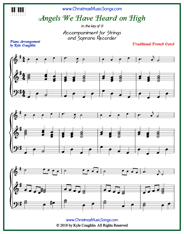 Angels We Have Heard on High piano accompaniment to play along with all string and soprano recorder arrangements on www.ChristmasMusicSongs.com. Free printable PDF.