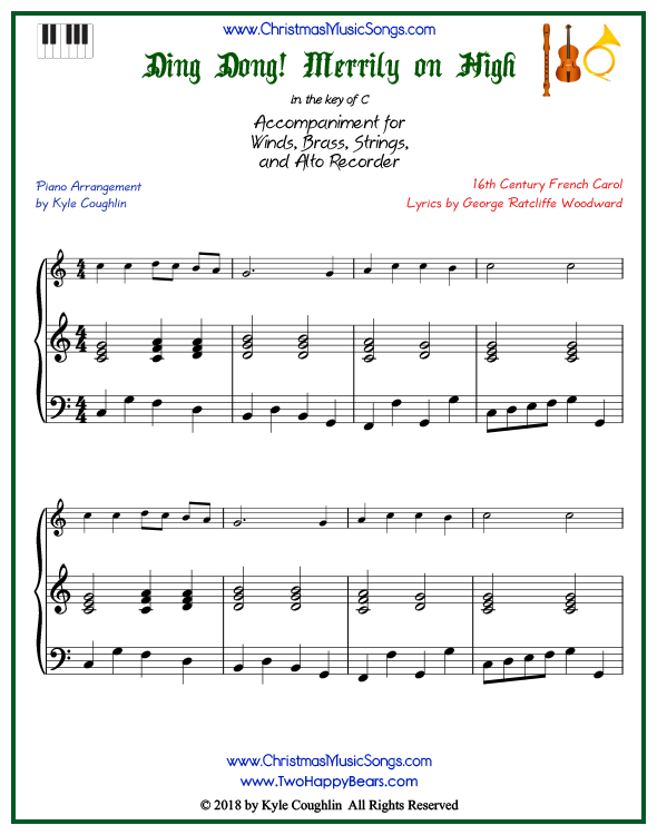 Ding Dong! Merrily on High piano accompaniment to play along with all wind, brass, strings, and alto recorder arrangements on www.ChristmasMusicSongs.com. Free printable PDF.