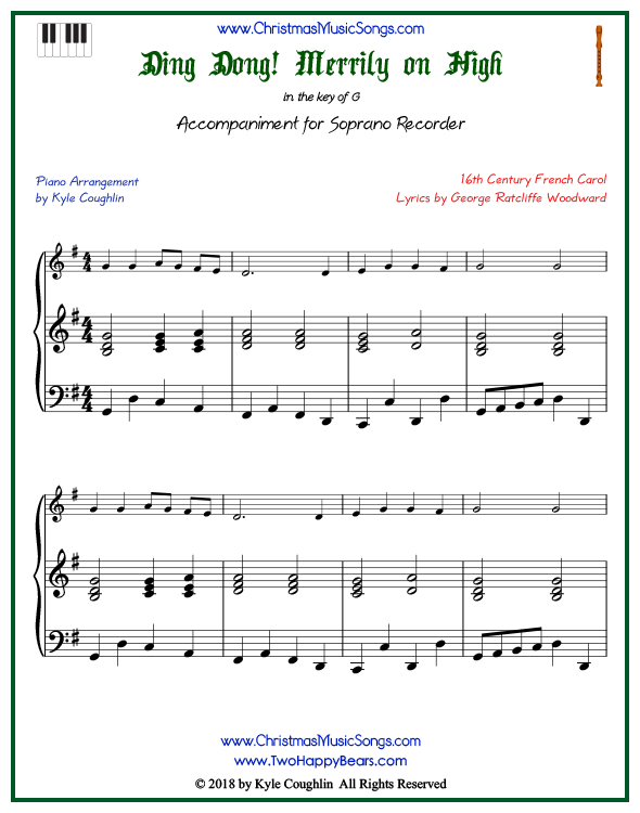 Ding Dong! Merrily on High piano accompaniment to play along with the soprano recorder arrangement on www.ChristmasMusicSongs.com. Free printable PDF.