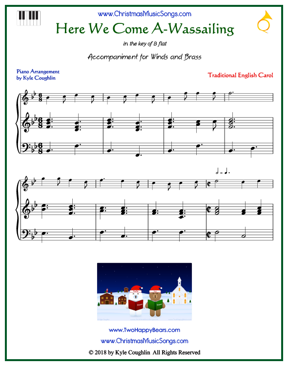 Here We Come A-Wassailing piano accompaniment to play along with all wind and brass arrangements on www.ChristmasMusicSongs.com. Free printable PDF.