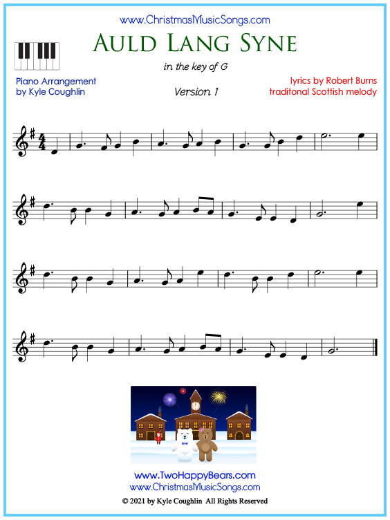 Beginner version of piano sheet music for Auld Lang Syne